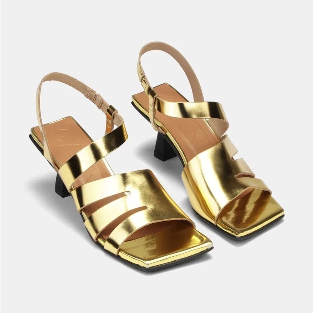 Ganni gold leather square toe kitten heel sandals - size 40 / US 9